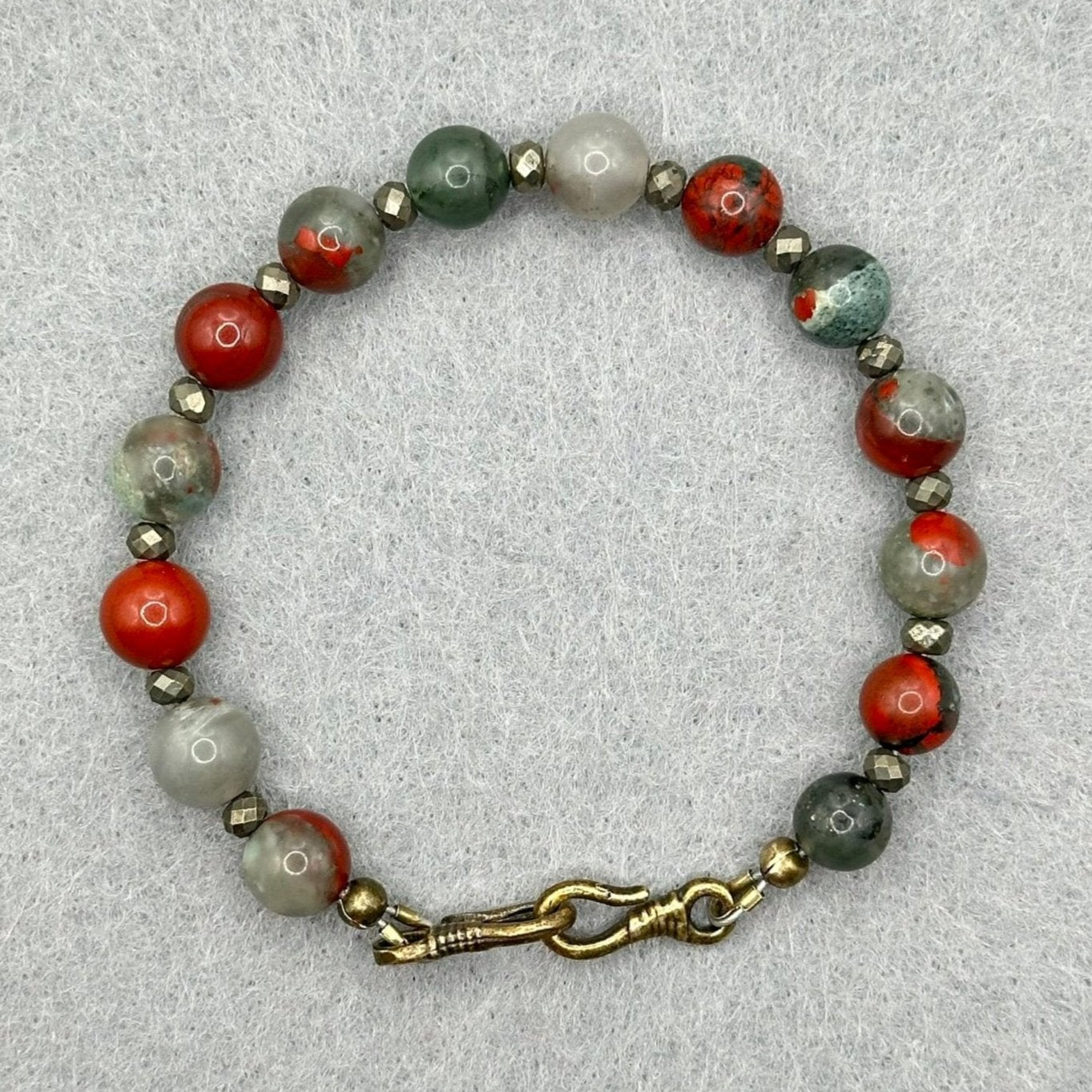 African Bloodstone and Pyrite Bracelet with Hook Clasp