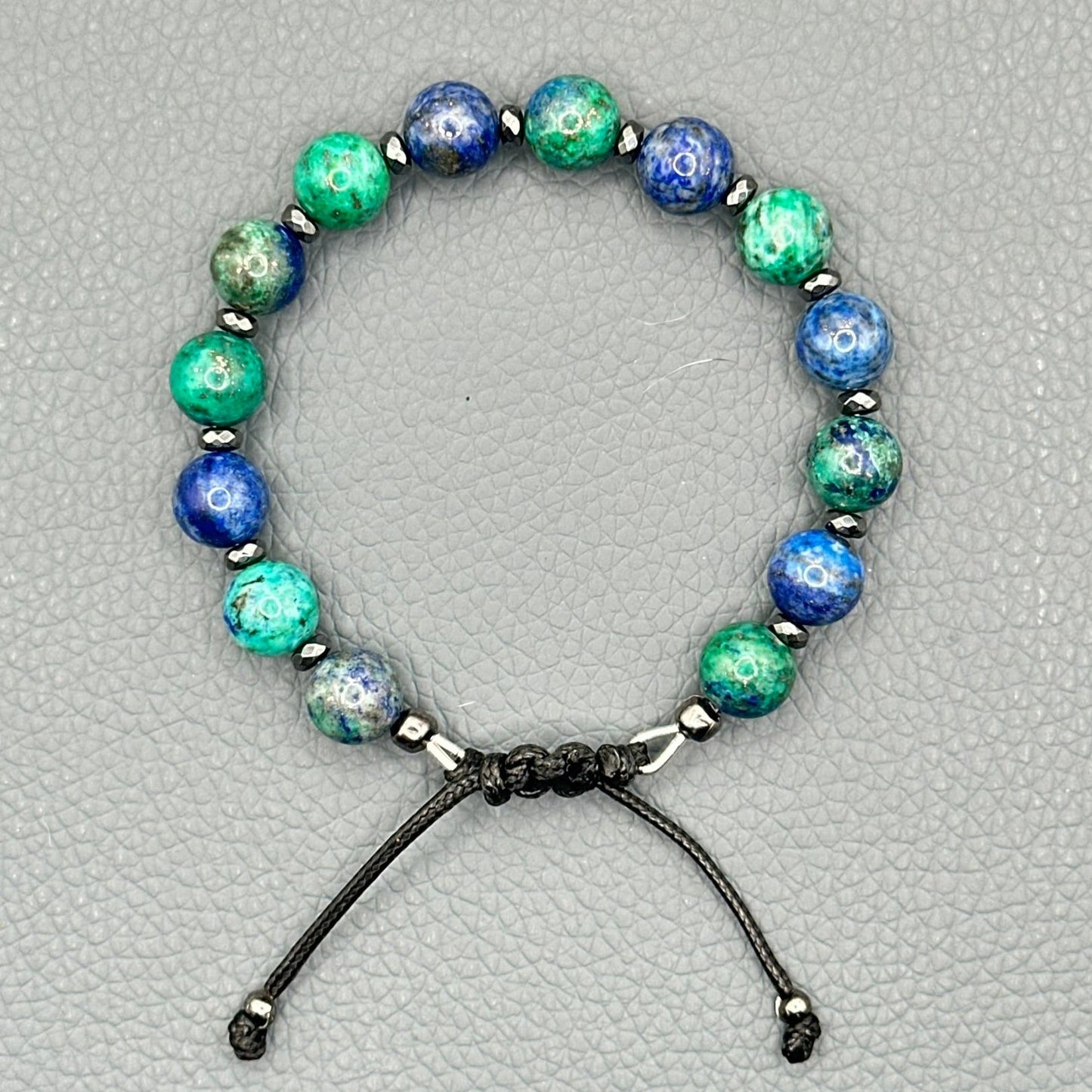 Chrysocolla with Hematite Bracelet with Adjustable Knot Closure