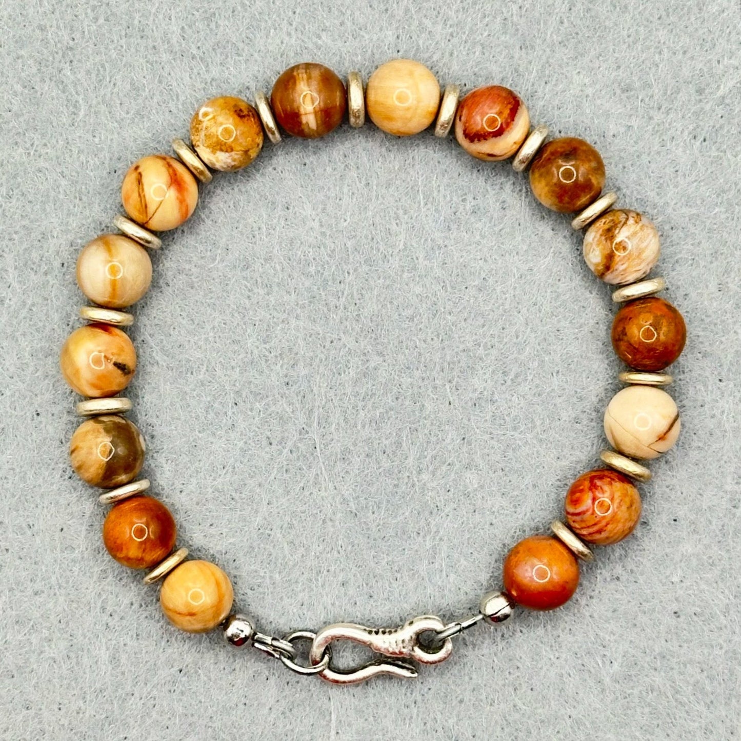 Petrified Wood and Silver Plated Brass Bracelet with Hook Clasp